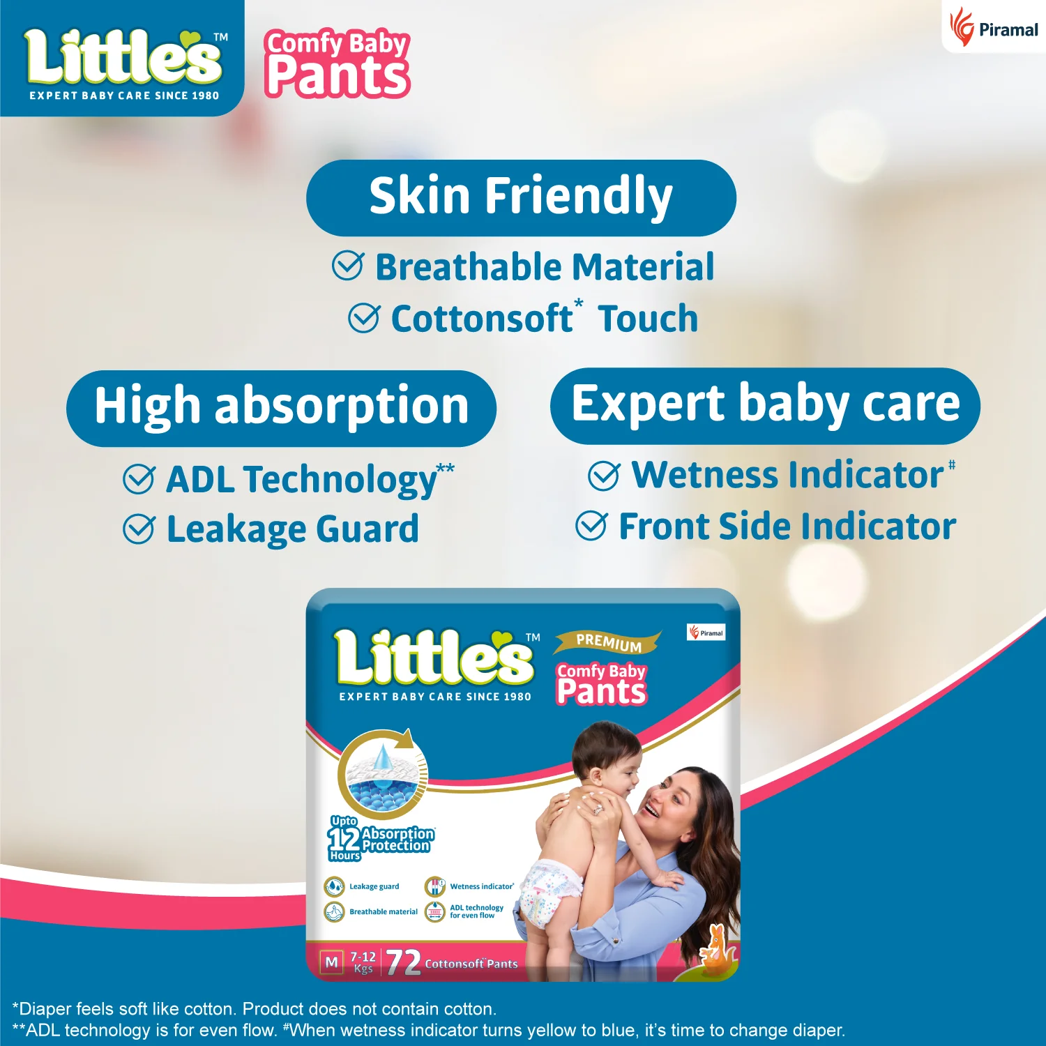 Little's Happy Baby Combo ( Little's Comfy Baby Pants | Medium I Superjumbo Pack of 1, Little's Soft Cleansing Baby Wipes Lid Pack of 1 | Contains Aloe Vera & Jojoba Oil -80 Wipes, Little's Organix Nourishing Baby Lotion (400 ml - Pump Pack) - Image 2