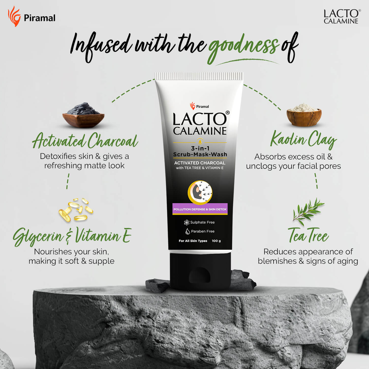 Lacto Calamine 3-in-1 Charcoal Face Scrub-Mask-Wash for Pollution Defense & Exfoliating Detox | 100 ml | Multi-action Encapsulated Charcoal Face Wash with Kaolin Clay, Tea Tree Oil & Vitamin E - Image 3
