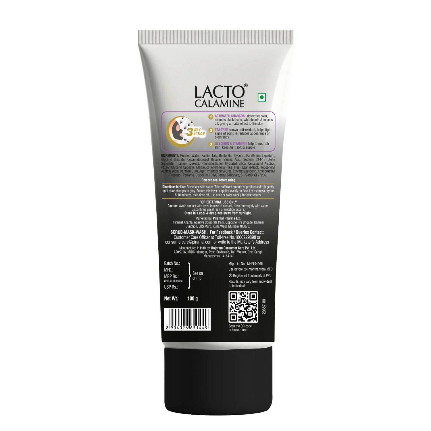 Lacto Calamine 3-in-1 Charcoal Face Scrub-Mask-Wash for Pollution Defense & Exfoliating Detox | 100 ml | Multi-action Encapsulated Charcoal Face Wash with Kaolin Clay, Tea Tree Oil & Vitamin E - Image 8