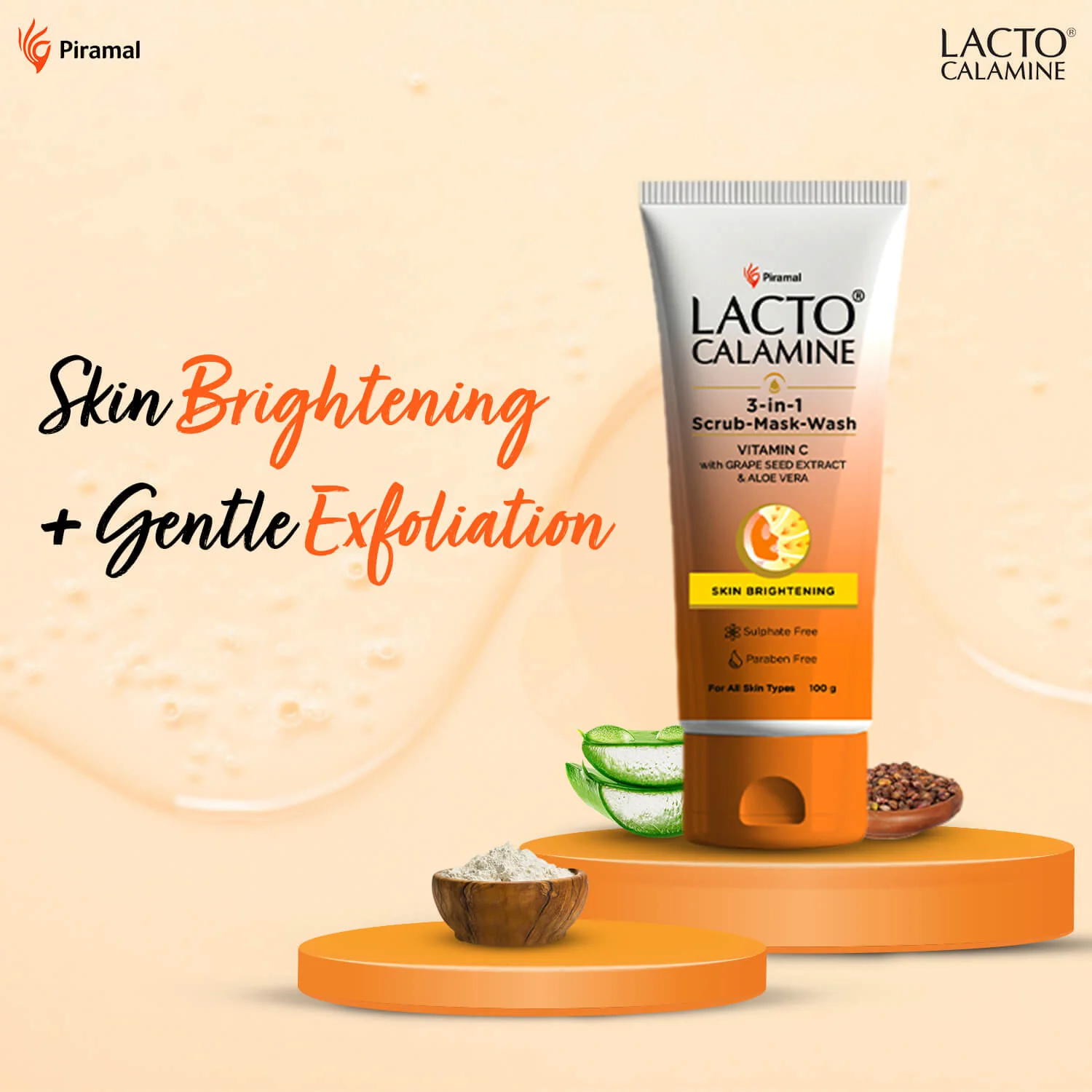 Lacto Calamine 3-in-1 Vitamin C Face Scrub-Mask-Wash for Skin Brightening Effect | 100ml | Multi-action Vitamin C Face Wash, Face Scrub, Face Mask with Kaolin Clay, Grape Seed Extract & Aloe Vera - Image 3