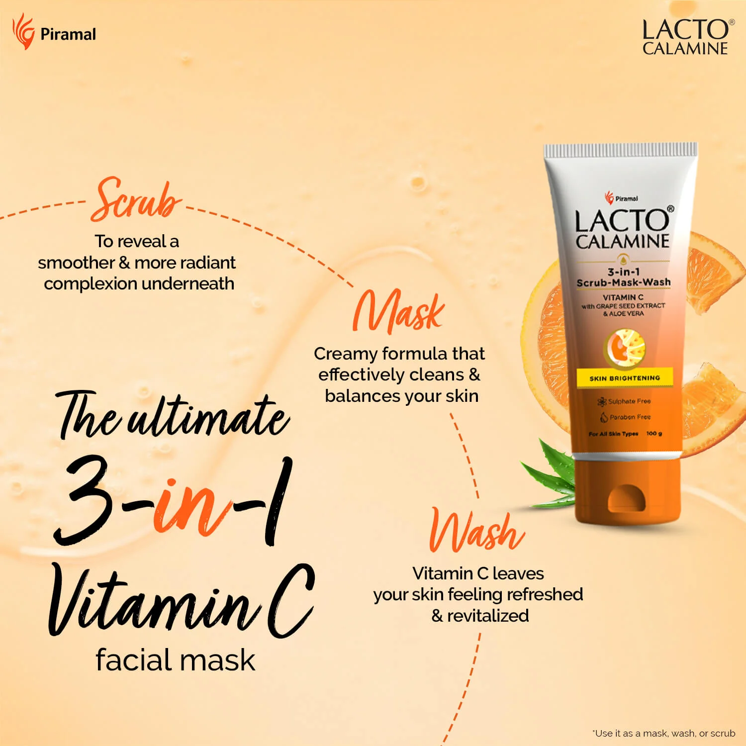 Lacto Calamine 3-in-1 Vitamin C Face Scrub-Mask-Wash for Skin Brightening Effect | 100ml | Multi-action Vitamin C Face Wash, Face Scrub, Face Mask with Kaolin Clay, Grape Seed Extract & Aloe Vera - Image 4
