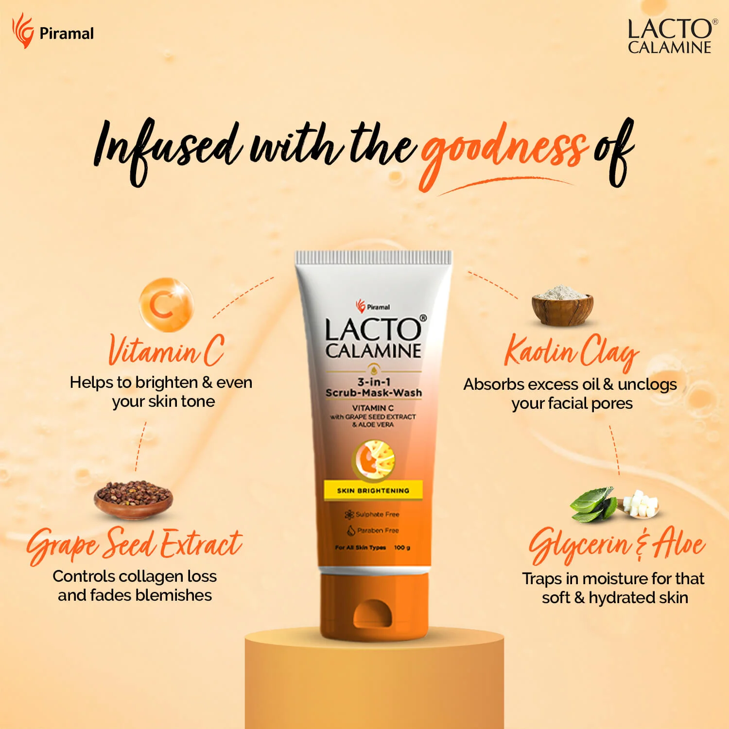 Lacto Calamine 3-in-1 Vitamin C Face Scrub-Mask-Wash for Skin Brightening Effect | 100ml | Multi-action Vitamin C Face Wash, Face Scrub, Face Mask with Kaolin Clay, Grape Seed Extract & Aloe Vera - Image 5
