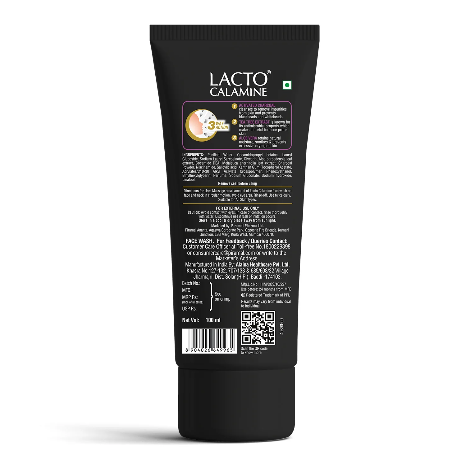 Lacto Calamine Activated Charcoal Face Wash with Aloe Vera & Tea Tree Extract for Deep Skin Detox. Removes impurities and fights blackheads & whiteheads. No Parabens, No Sulphates - 100 ml - Image 8