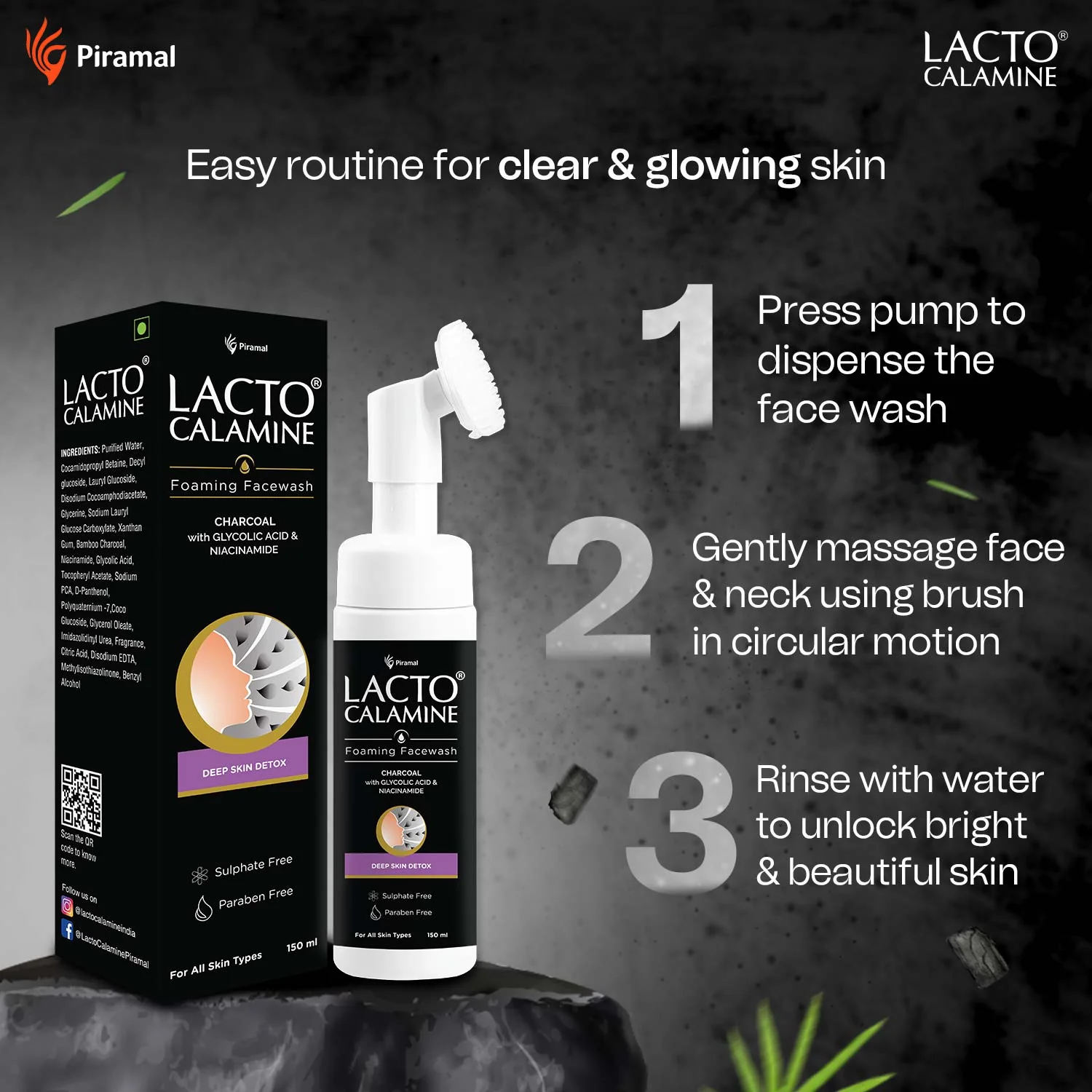 Lacto Calamine Charcoal Foaming Face wash| Deep skin Detox | Cleanse skin impurities | With Built-in foaming Brush | Sulphate free Face wash | Paraben Free| 150 ml - Image 4