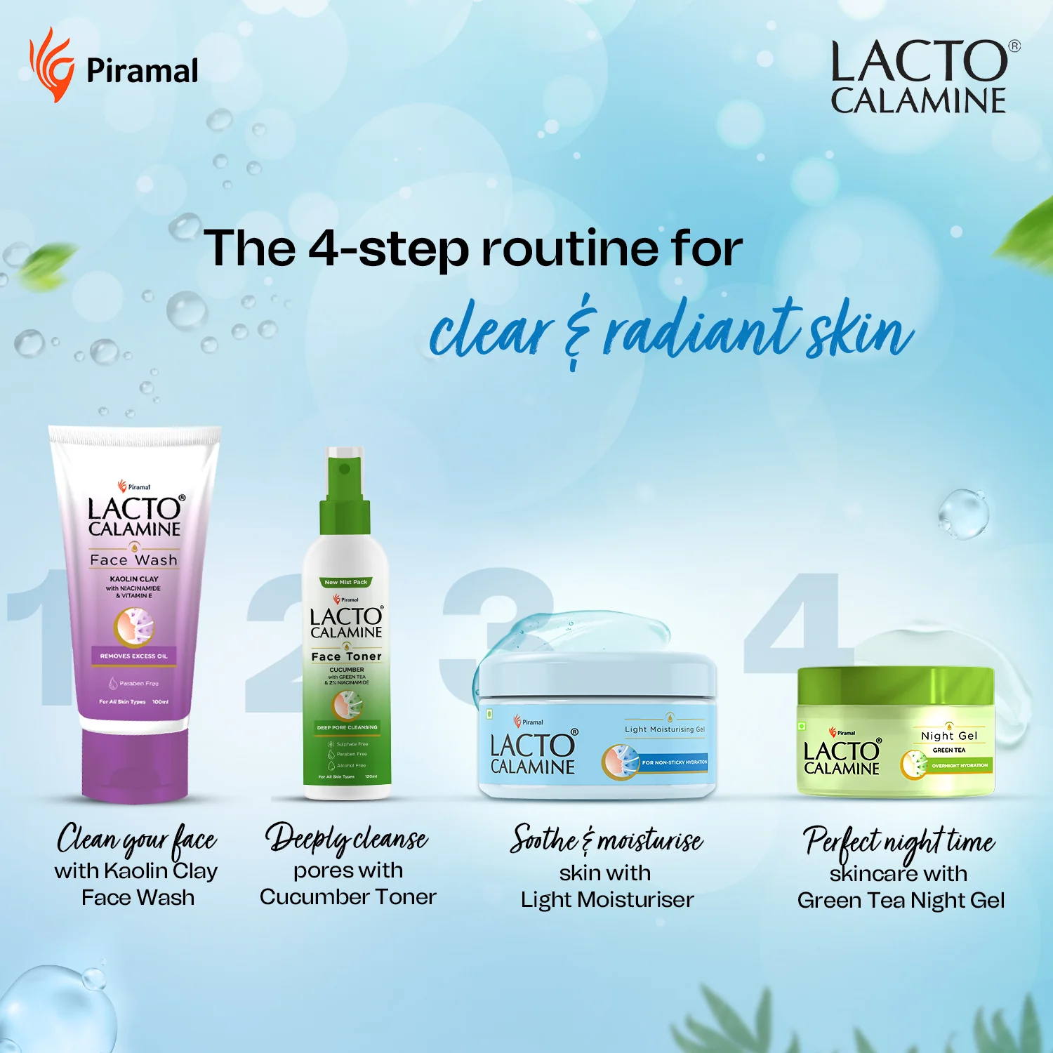 Lacto Calamine Day and Night Skin care Kit for Women | 4 essential product set | Facewash, Toner, Light Moisturising Gel & Night Gel | Radiance Routine for Oily Skin - Image 3