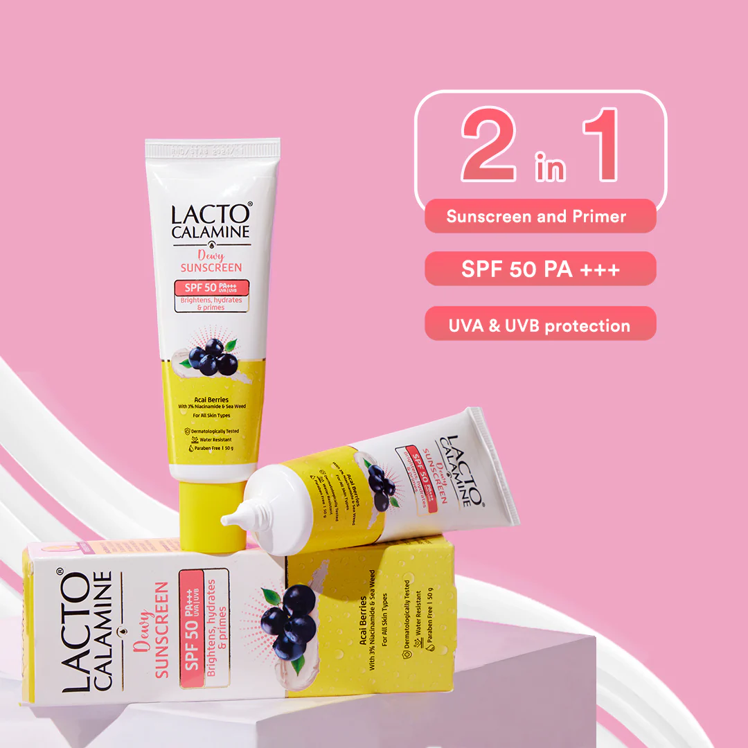 Lacto Calamine Dewy Sunscreen SPF 50 PA+++ | 50g | Water Resistant, No White Cast, UVA & UVB Protection | Sunscreen SPF50 + Primer | Acai Berries, Niacinamide & Watermelon | Dermatologically Tested - Image 3