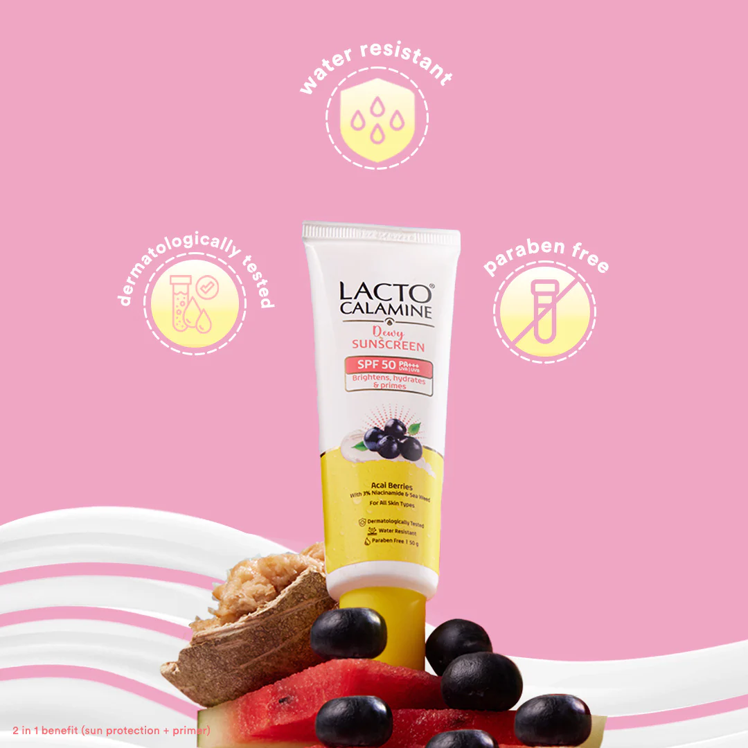 Lacto Calamine Dewy Sunscreen SPF 50 PA+++ | 50g | Water Resistant, No White Cast, UVA & UVB Protection | Sunscreen SPF50 + Primer | Acai Berries, Niacinamide & Watermelon | Dermatologically Tested - Image 4