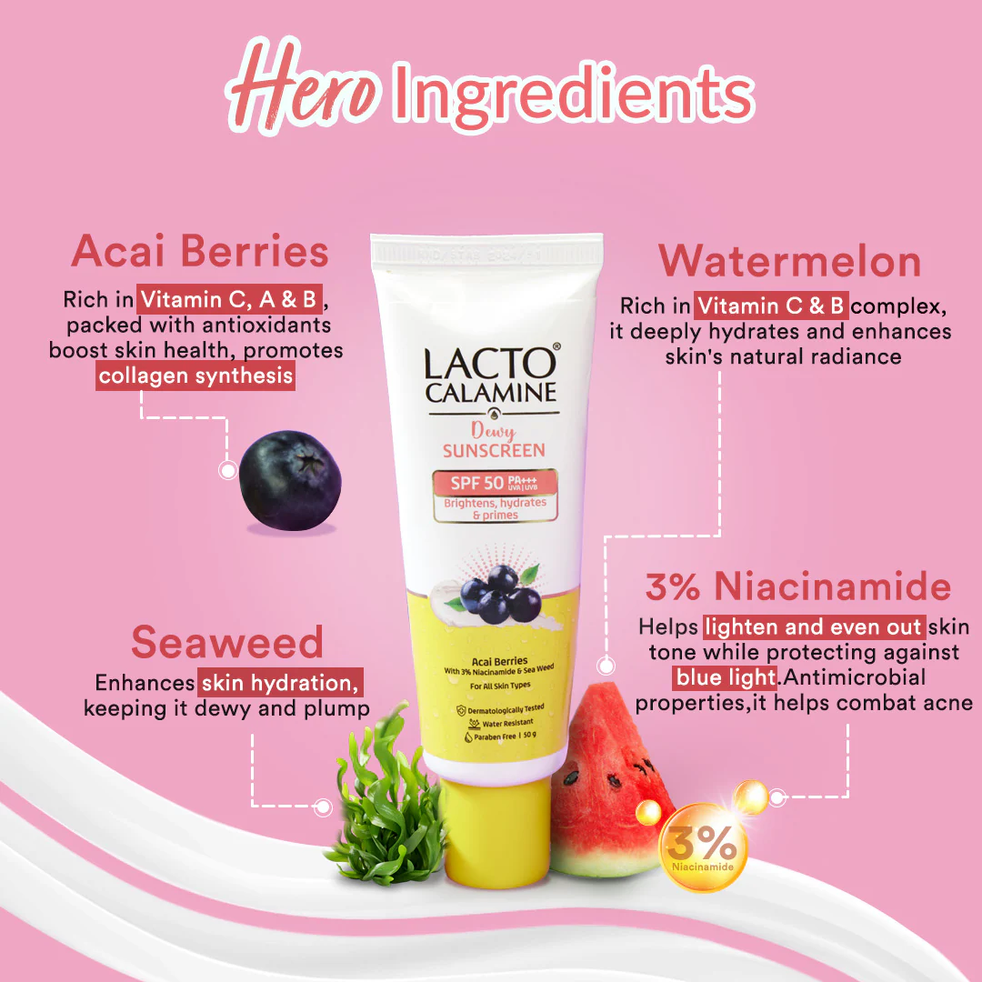 Lacto Calamine Dewy Sunscreen SPF 50 PA+++ | 50g | Water Resistant, No White Cast, UVA & UVB Protection | Sunscreen SPF50 + Primer | Acai Berries, Niacinamide & Watermelon | Dermatologically Tested - Image 7
