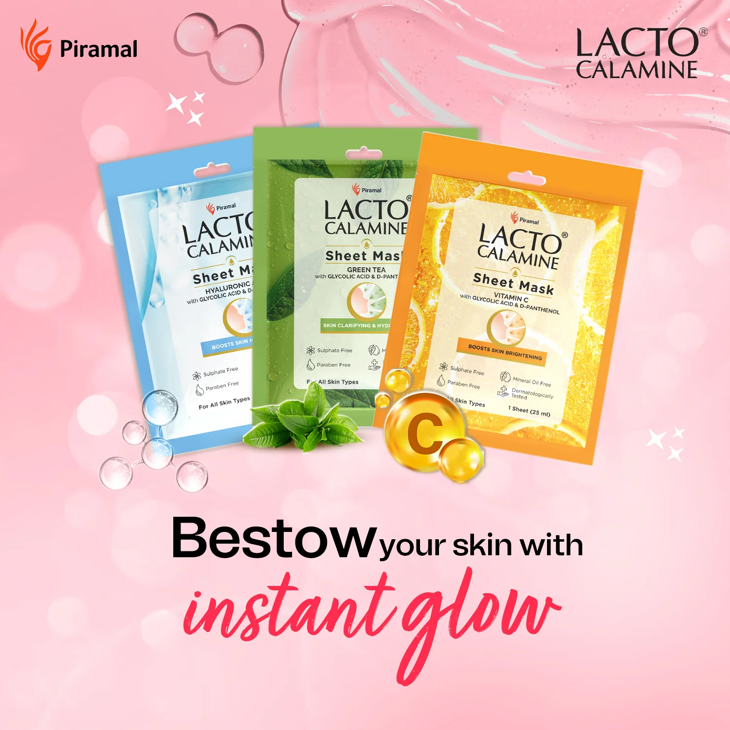 Lacto Calamine Face Sheet Masks | Combo Pack | Vitamin C, Hyaluronic Acid & Green Tea Face Sheet Masks | Brightening, Hydrating & Clarifiying | - Image 3