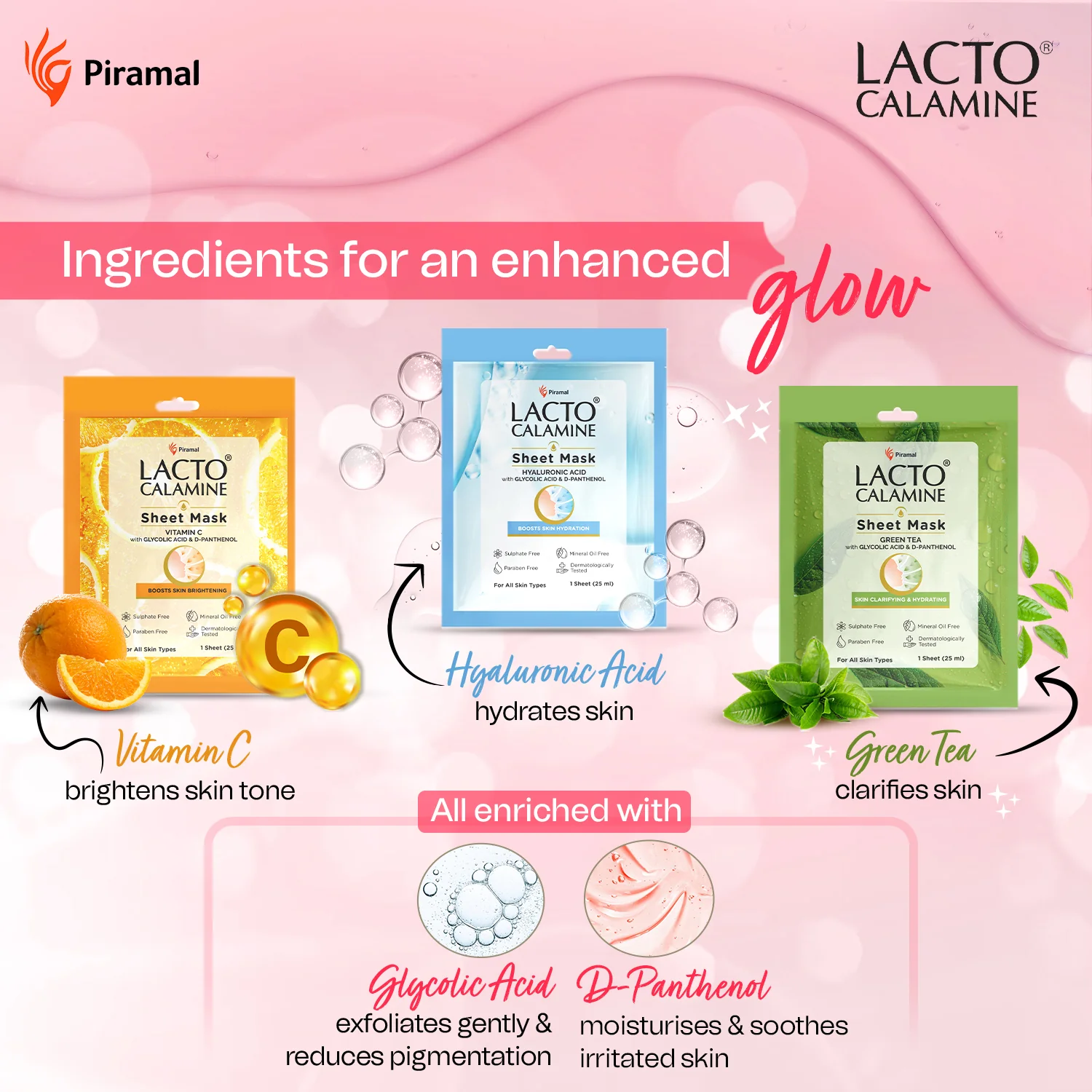 Lacto Calamine Face Sheet Masks | Combo Pack | Vitamin C, Hyaluronic Acid & Green Tea Face Sheet Masks | Brightening, Hydrating & Clarifiying | - Image 5