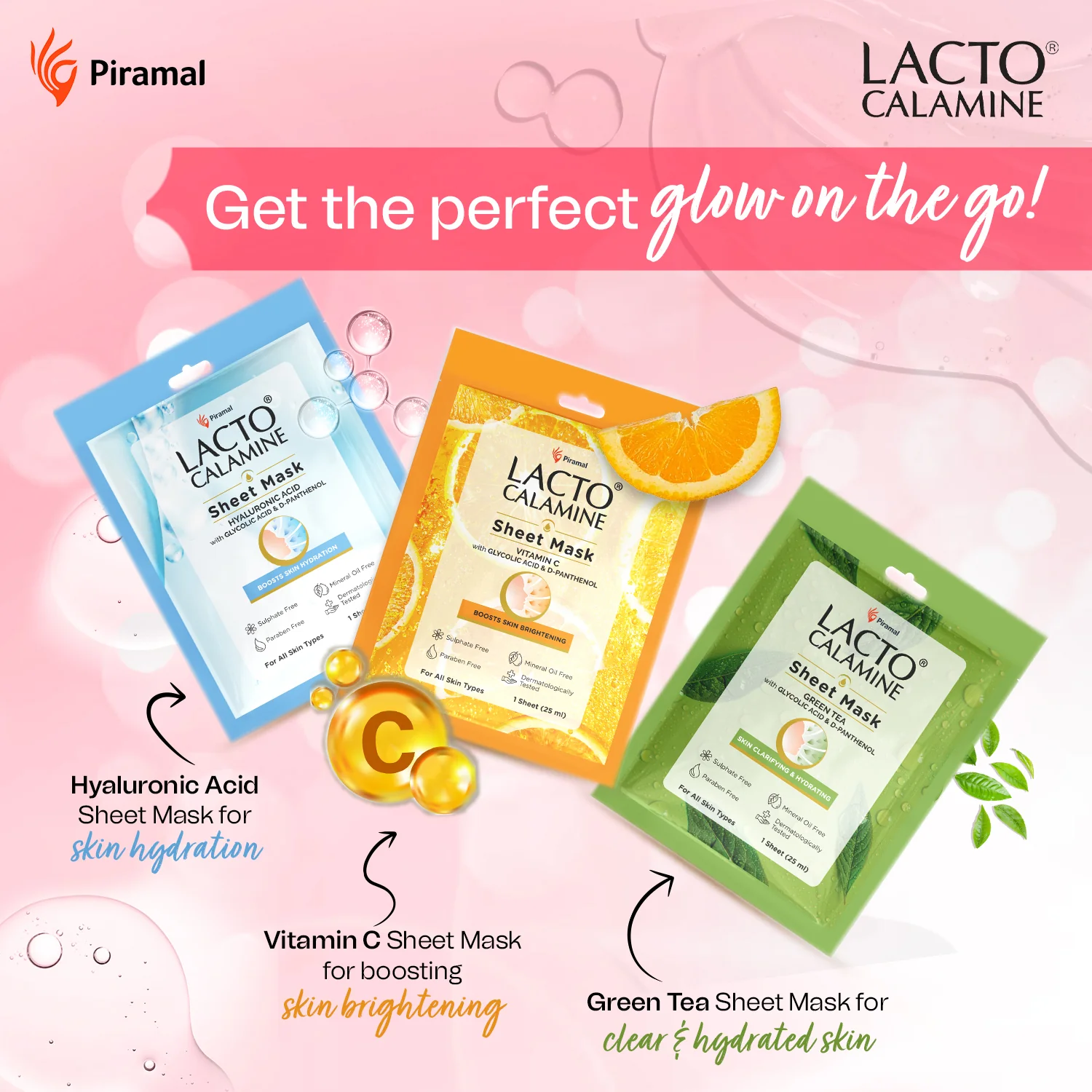 Lacto Calamine Face Sheet Masks | Combo Pack | Vitamin C, Hyaluronic Acid & Green Tea Face Sheet Masks | Brightening, Hydrating & Clarifiying | - Image 6