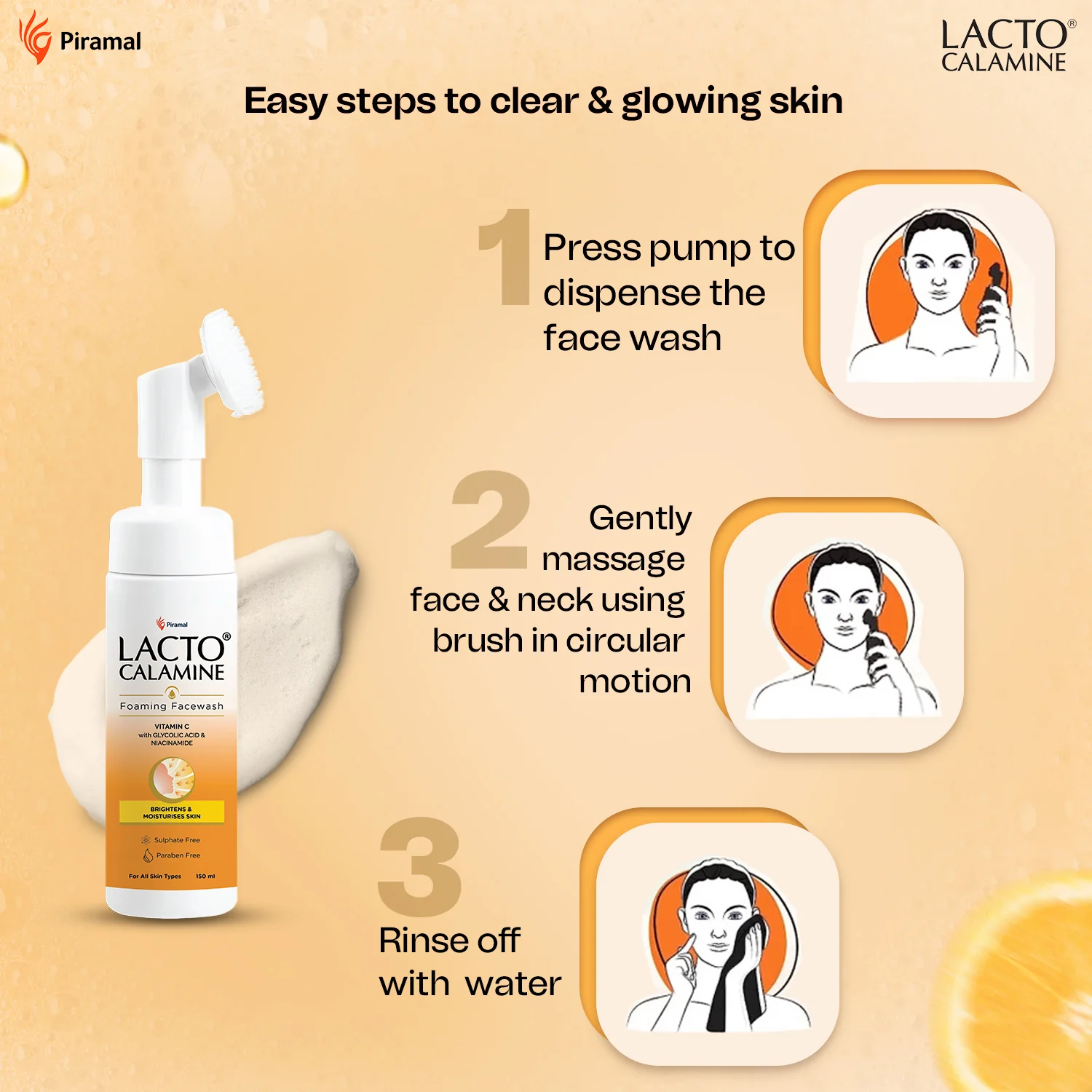 Lacto Calamine Vitamin C Foaming Face wash| Brightens skin & control blackheads & whiteheads| With Built-in foaming Brush | Sulphate free face wash | Paraben Free| 150 ml - Image 4