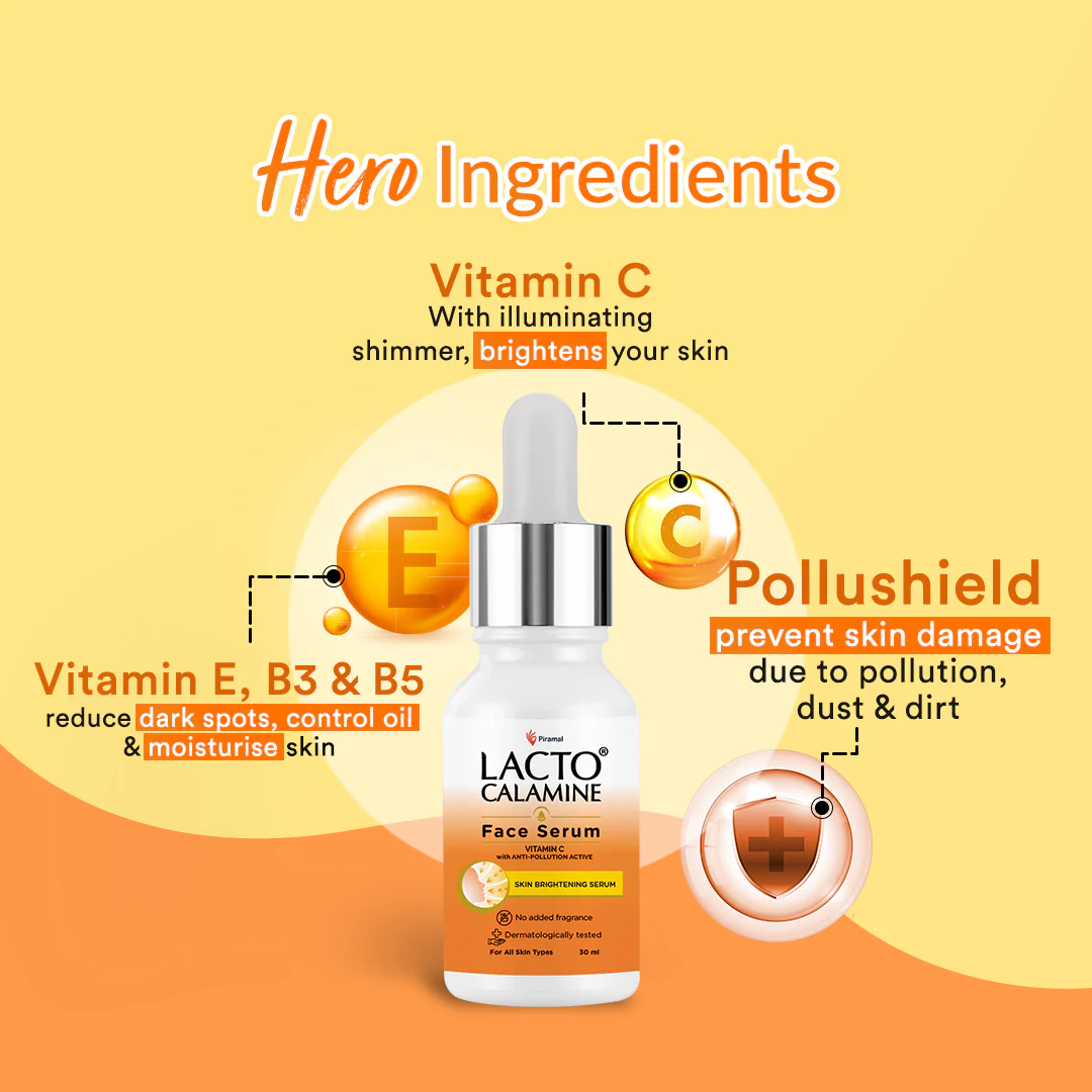 Lacto Calamine Vitamin C Face Serum For Glowing Skin With Niacinamide | Helps In Dark Spots Reduction & Provides Moisturization | Pollushield, Vitamin E, B3 & B5 | 30ml - Image 3