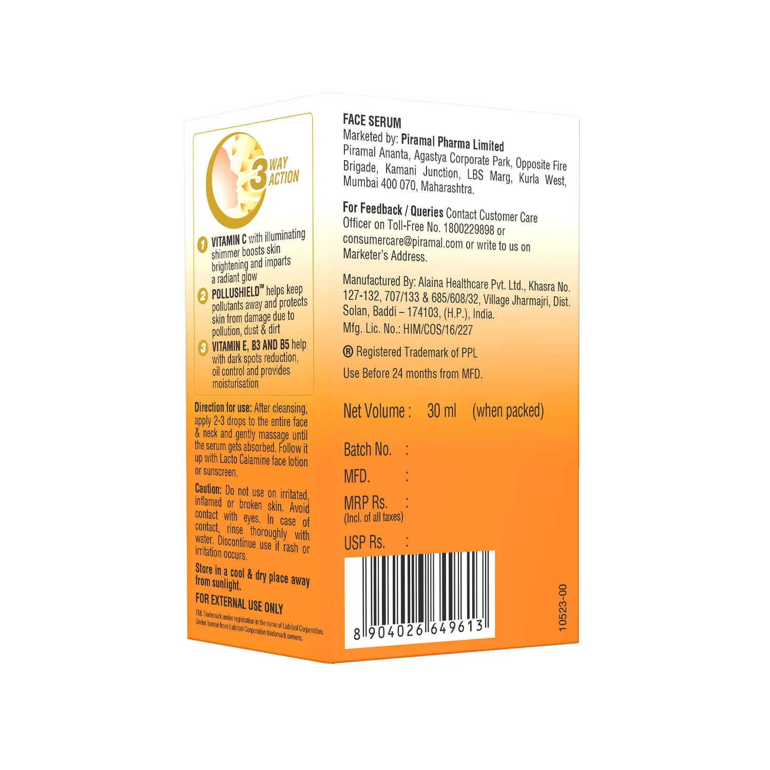 Lacto Calamine Vitamin C Face Serum For Glowing Skin With Niacinamide | Helps In Dark Spots Reduction & Provides Moisturization | Pollushield, Vitamin E, B3 & B5 | 30ml - Image 8