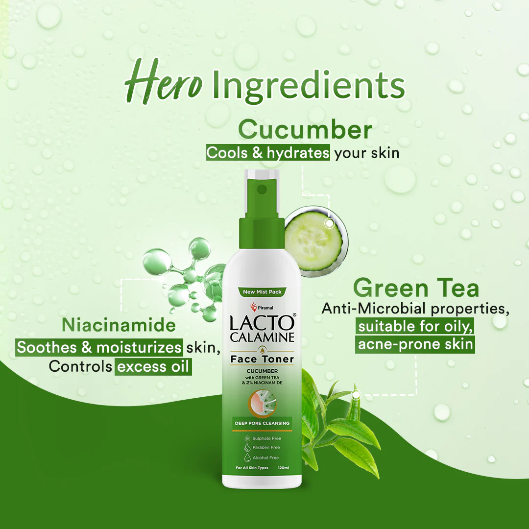 Lacto Calamine Face Toner With Cucumber | Deep Pore Cleansing | Open Pores Tightening with Green Tea & Niacinamide For Cool & Hydrated Skin | No Sulphate, No Alcohol, No Parabens | 120ml - Image 3