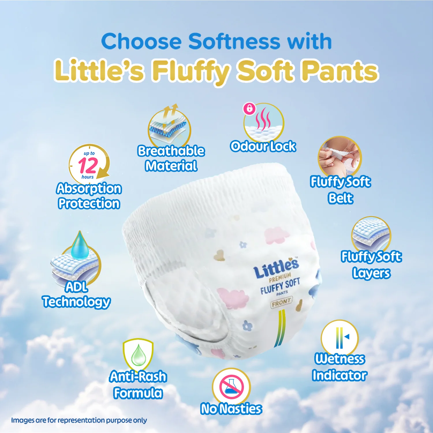 Little's Baby Diaper Pants Style | Pack of 1 | Fluffy Soft Baby Diapers | Fluffy Soft Belt | 12 Hours Absorption | Anti-Rash Formula | ADL Technology | Wetness Indicator | Leakage Guard | No Nasties - Image 5