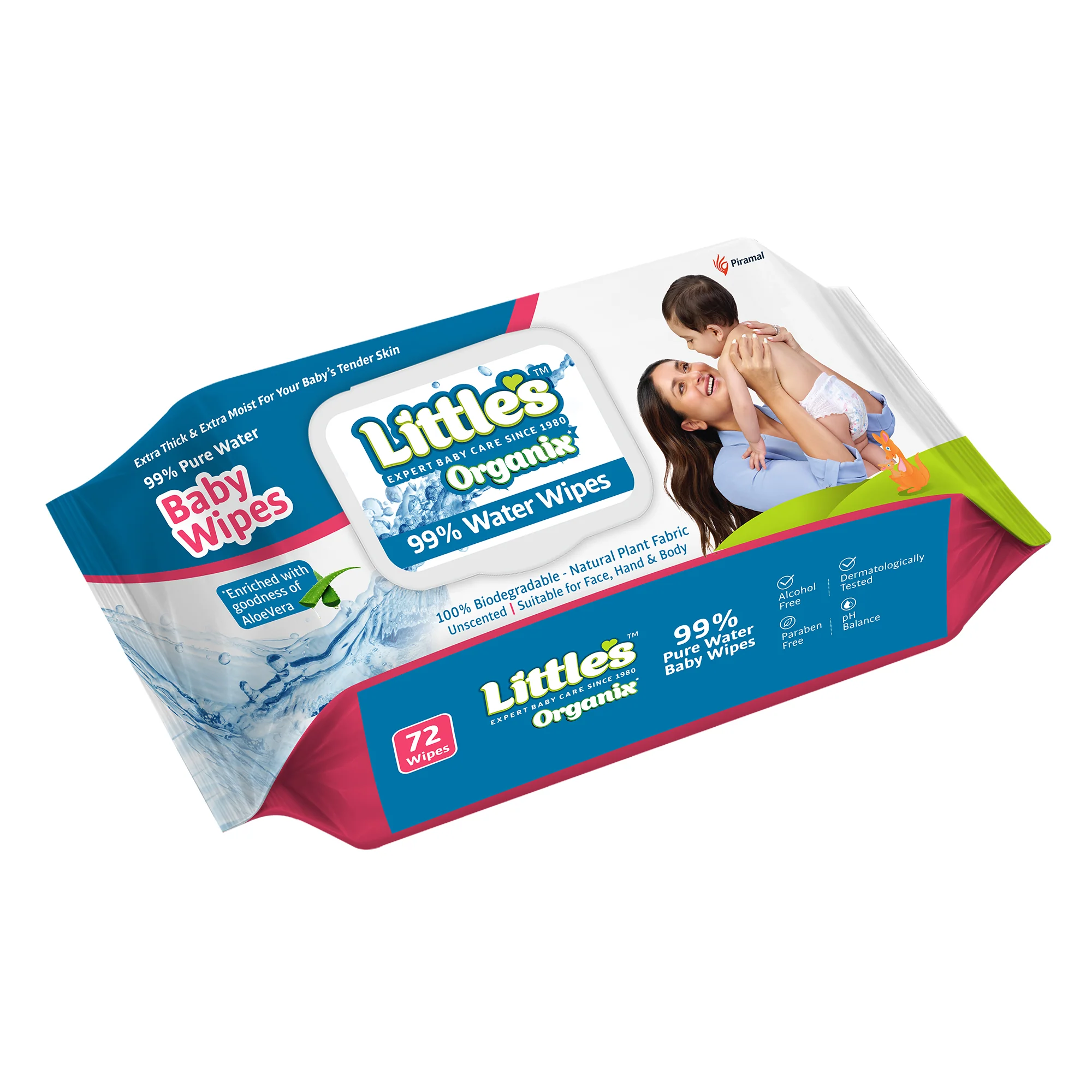 Little's Organix 99% Pure Water (Unscented) Baby Wipes, Natural Plant Fabric – Extra Thick Wipes, 100% Biodegradable, and Enriched with the goodness of Aloe Vera, Jojoba Oil and Vitamin E, 72 Wipes