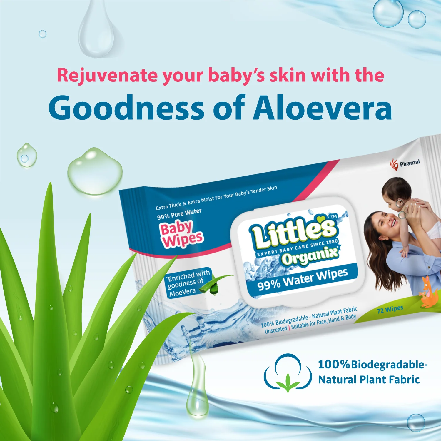 Little's Organix 99% Pure Water (Unscented) Baby Wipes, Natural Plant Fabric – Extra Thick Wipes, 100% Biodegradable, and Enriched with the goodness of Aloe Vera, Jojoba Oil and Vitamin E, 72 Wipes - Image 2