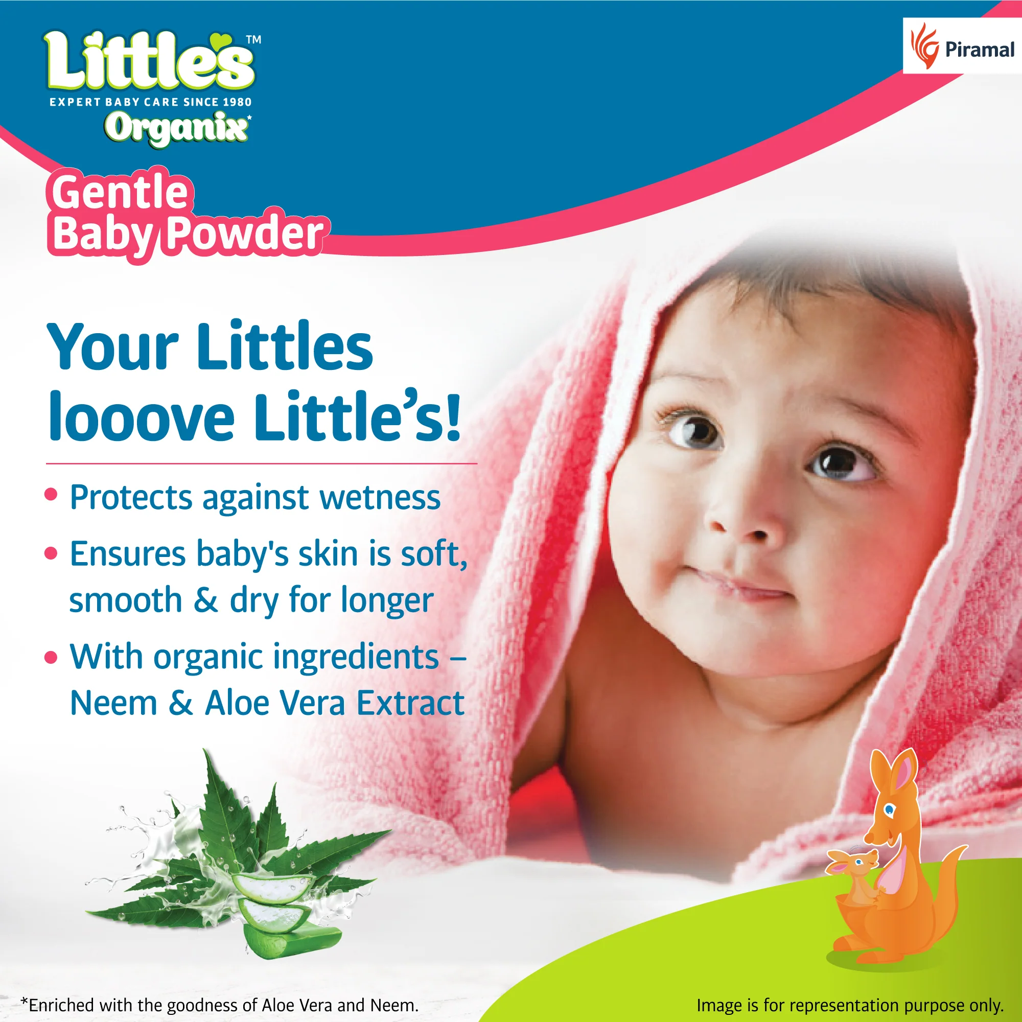 Little's Organix Gentle Baby Powder I Enriched with Organic Ingredients - Neem & Aloe Vera extracts I Free from Parabens & Phthalates, 400g - Image 3