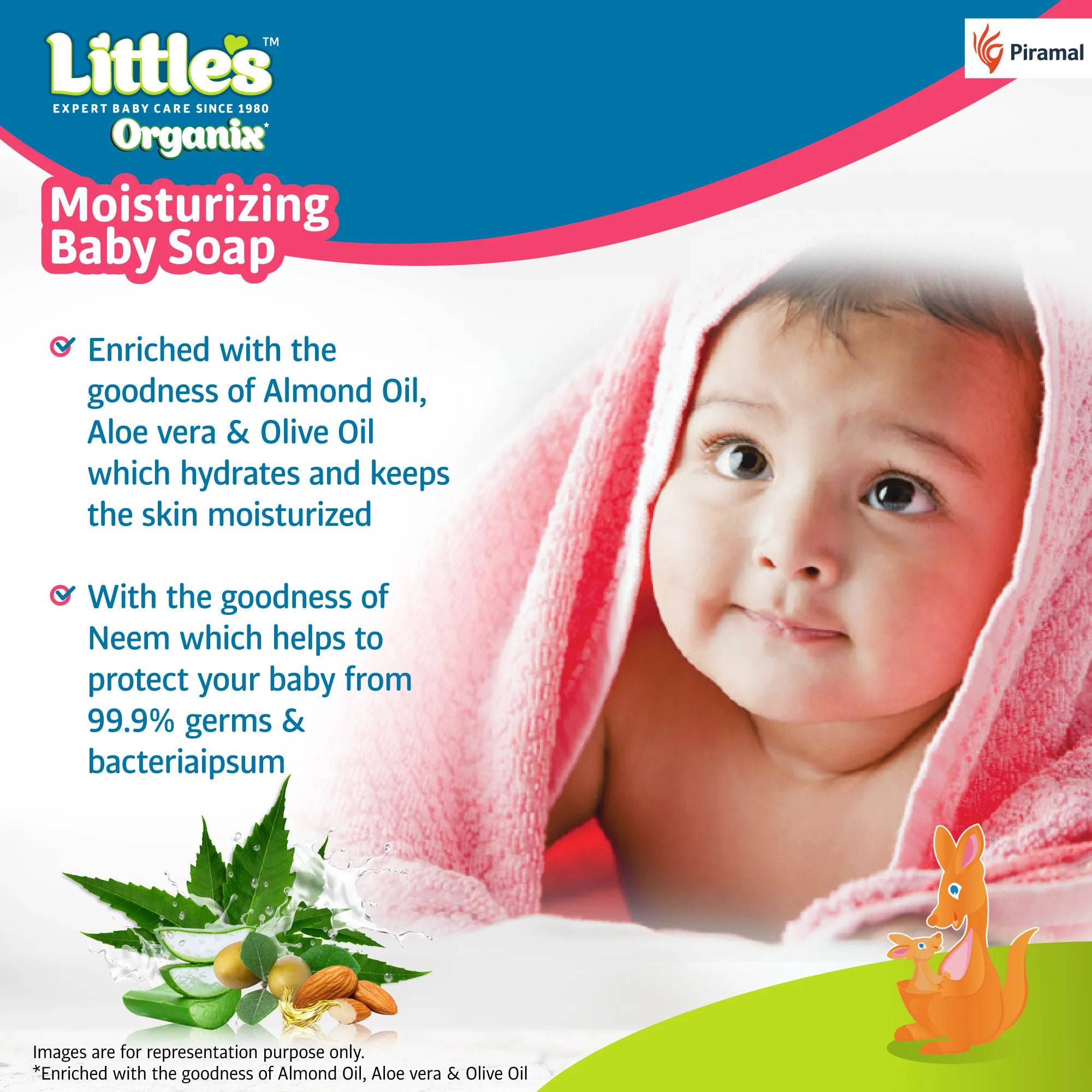 Little'S Organix Moisturizing Baby Soap | 75g (Pack Of 5) | Gentle Bathing Bar Soap with Organic Almond Oil, Olive Oil, Aloe Vera & Neem for Baby's Sensitive Skin | Protetcs From 99.9% Germs | Kids Soap - Image 3