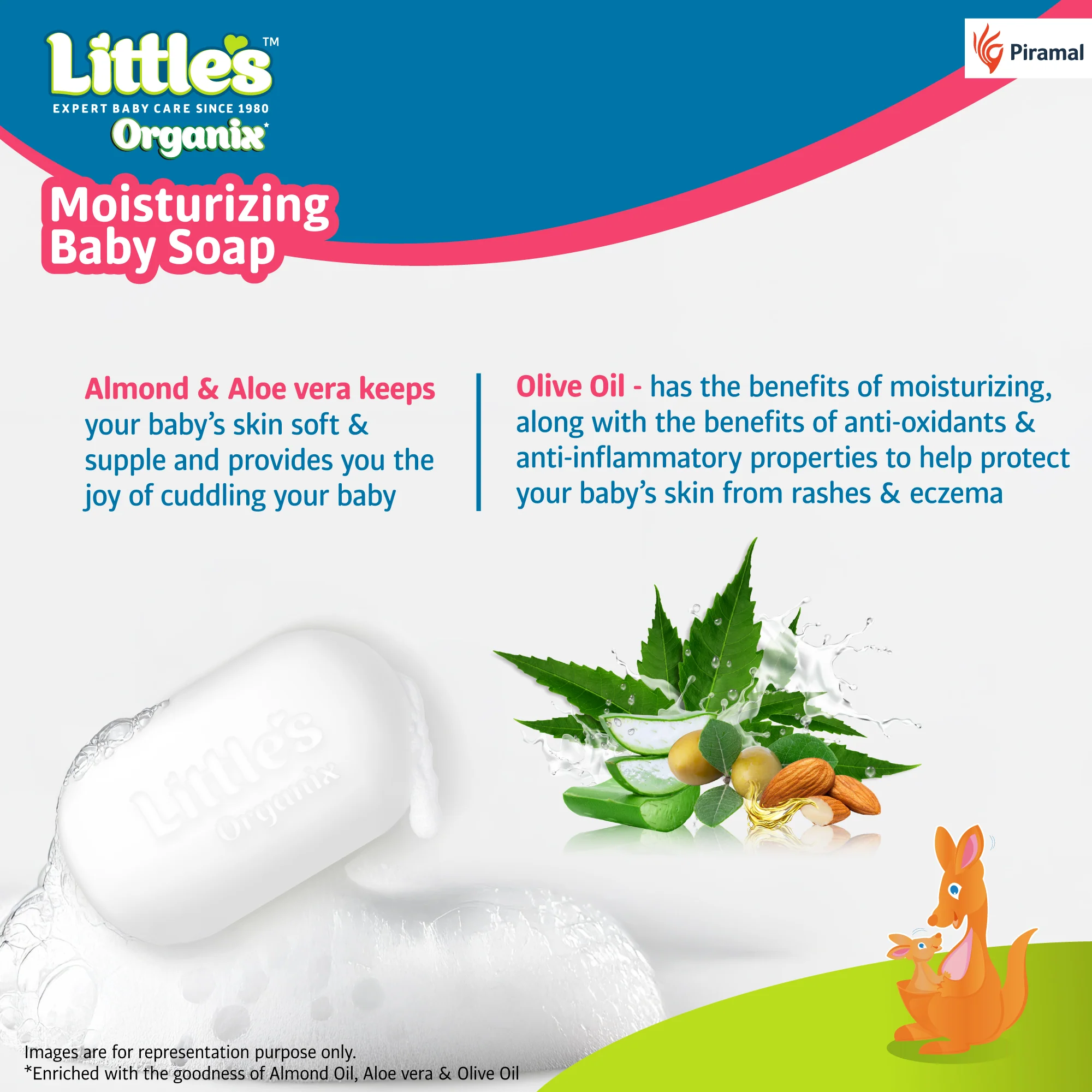 Little'S Organix Moisturizing Baby Soap | 75g (Pack Of 5) | Gentle Bathing Bar Soap with Organic Almond Oil, Olive Oil, Aloe Vera & Neem for Baby's Sensitive Skin | Protetcs From 99.9% Germs | Kids Soap - Image 4