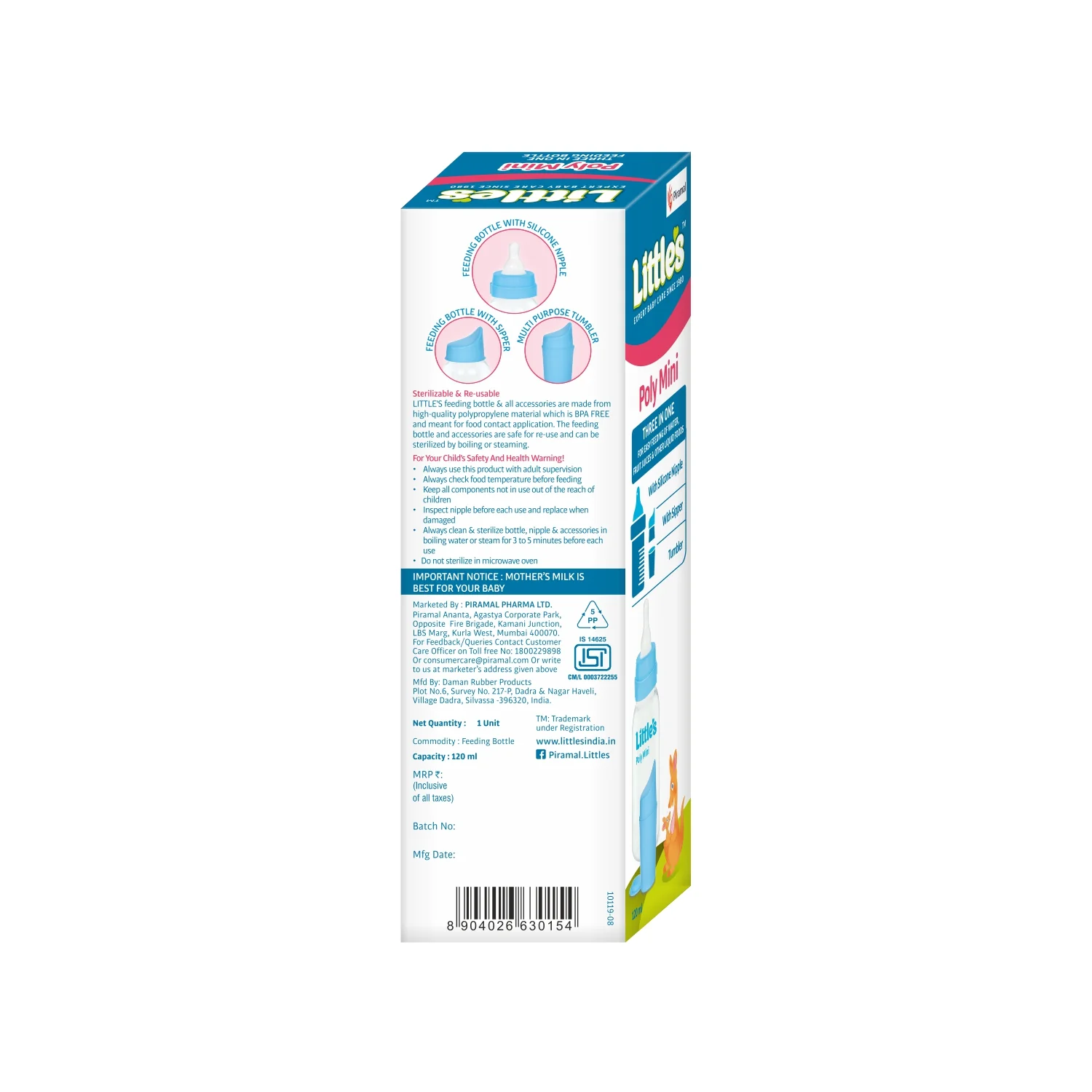 Littles Poly Mini Feeding Bottle | Tumbler, Sipper & Silicon Nipple -120 ml - Image 5