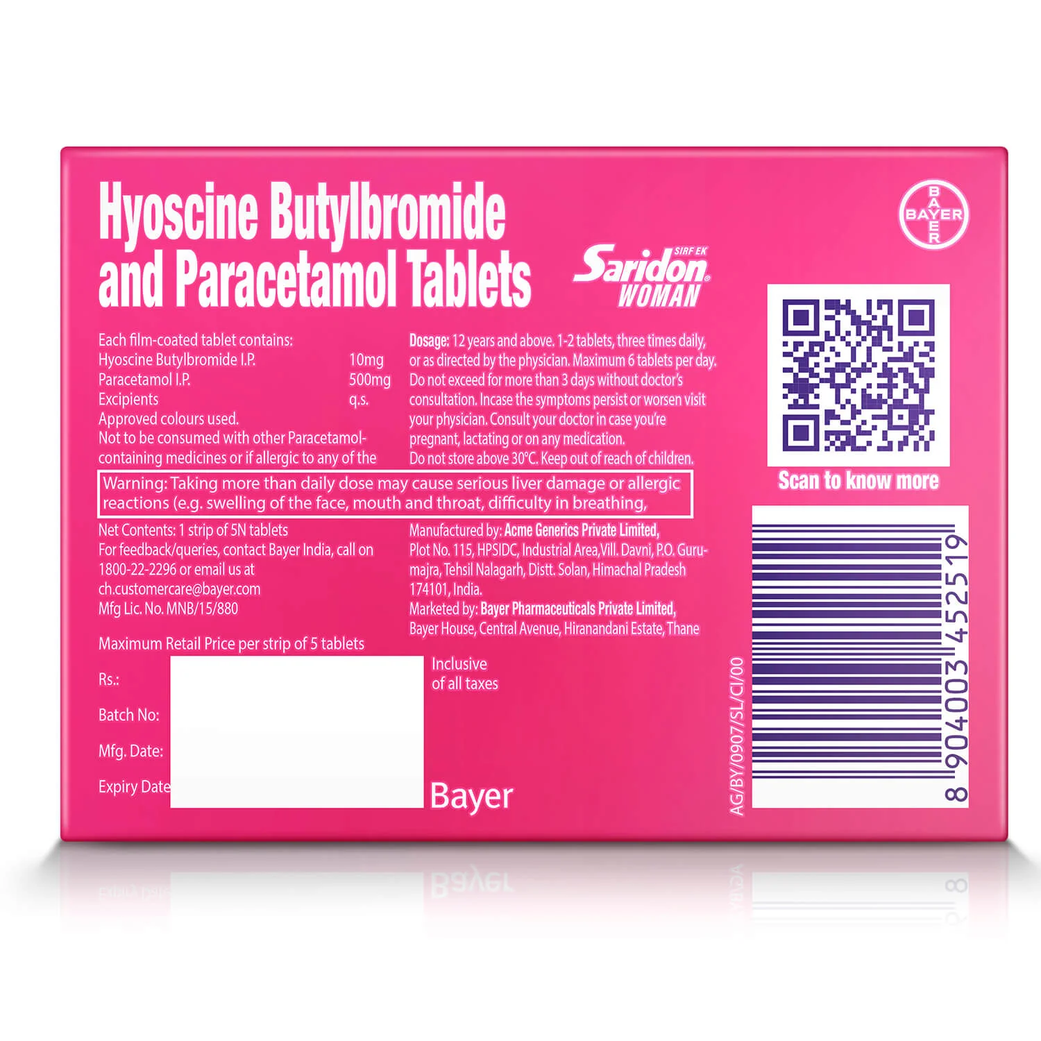 Saridon Woman, Fast Action Against Abdominal, Body Pain and Headaches with Hyoscine Butylbromide 10 mg + Paracetamol 500 mg, 5 Tablets in Pack - Image 2
