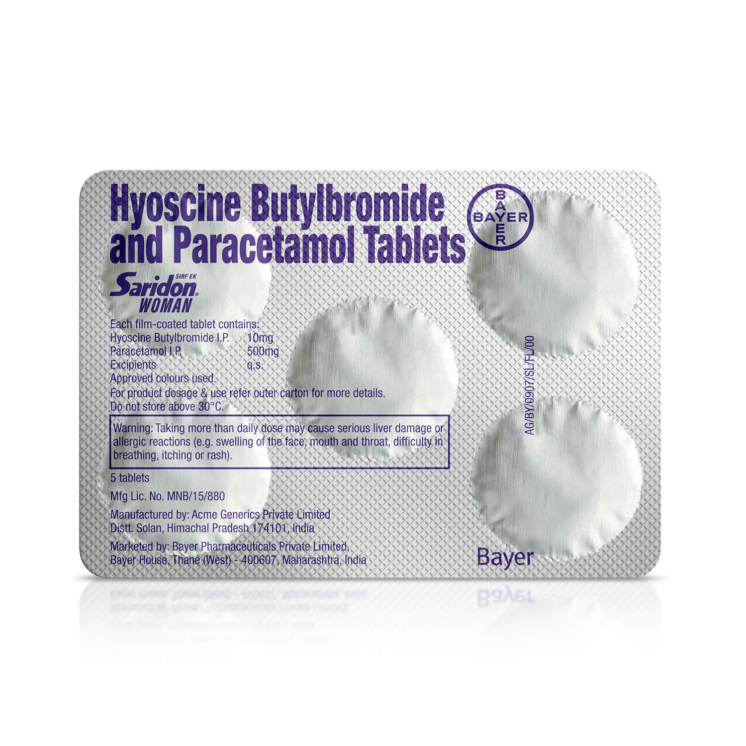 Saridon Woman, Fast Action Against Abdominal, Body Pain and Headaches with Hyoscine Butylbromide 10 mg + Paracetamol 500 mg, 5 Tablets in Pack - Image 3