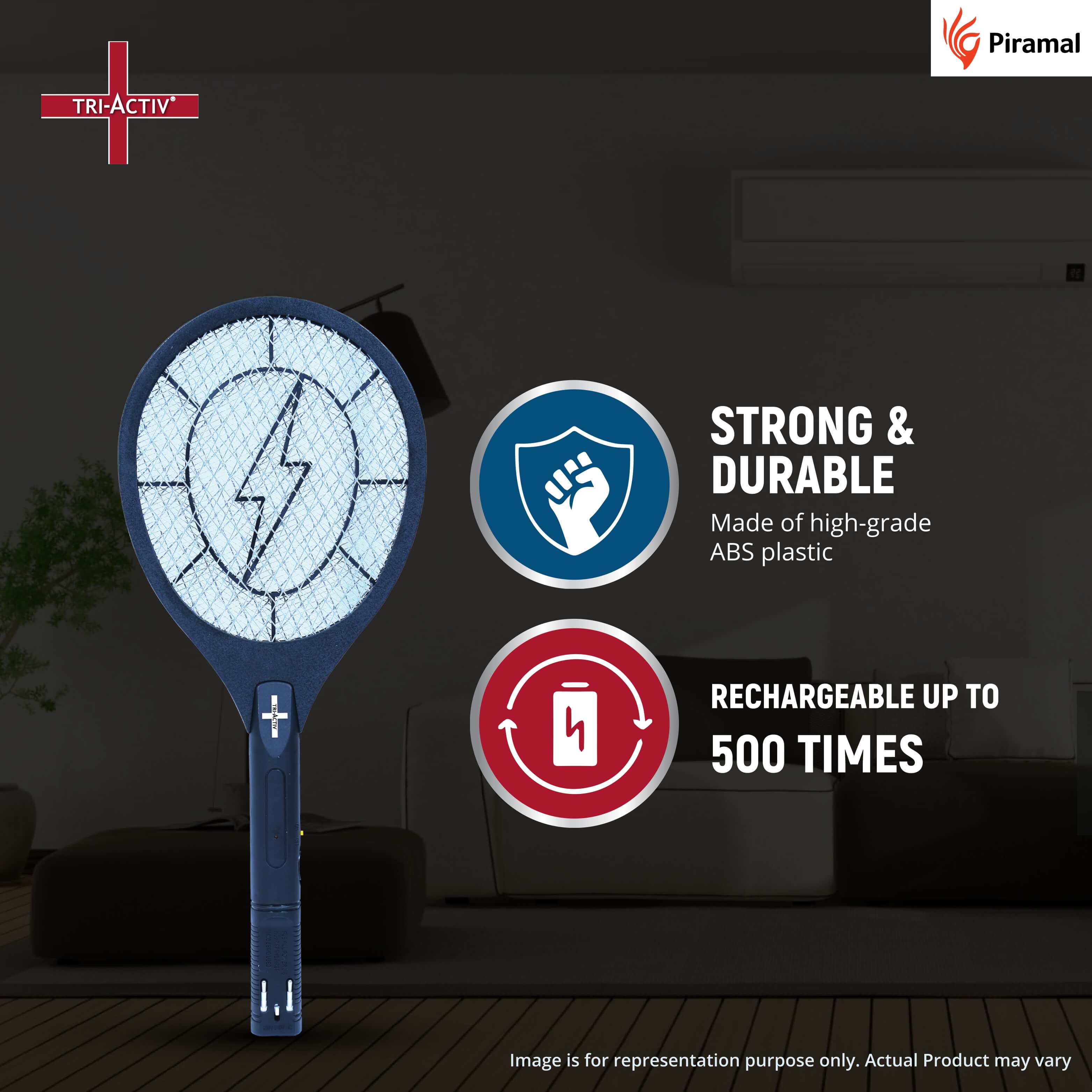 Tri-Activ Anti Mosquito Racket Bat by Piramal I Mosquito Bat + Insect Killer & Fly Swatter I Long Lasting Battery I Rechargable Upto 500 Times I 6 Months Warranty, ISO Certified I Black - Image 3