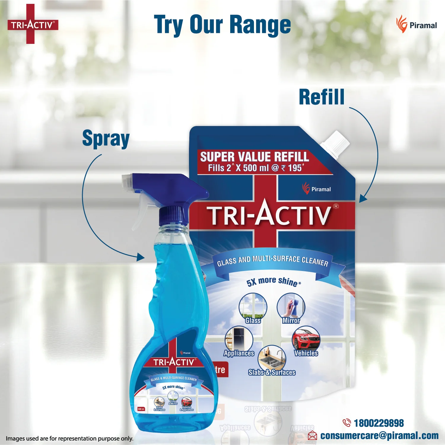 Tri-Activ Glass & Multi-Surface Cleaner Liquid I 5x More Shine I Sparkling Streak-free Finish | Glass Cleaner for Car, Windows, Kitchen & Home Surfaces - Image 8