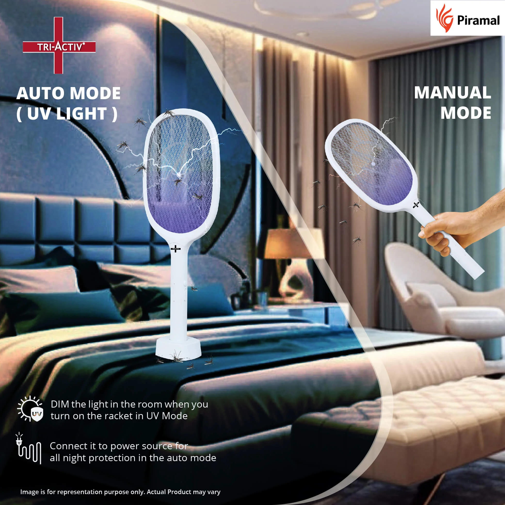 Tri-Activ Mosquito Racket 2-in-1 Dual Mode Rechargeable Bat,Zapper with Stand by Piramal I UV Light I Insect Killer & Fly Swatter I 1200 mAh Li-ion Battery,ISO Certified, 6 Month Warranty - Image 3
