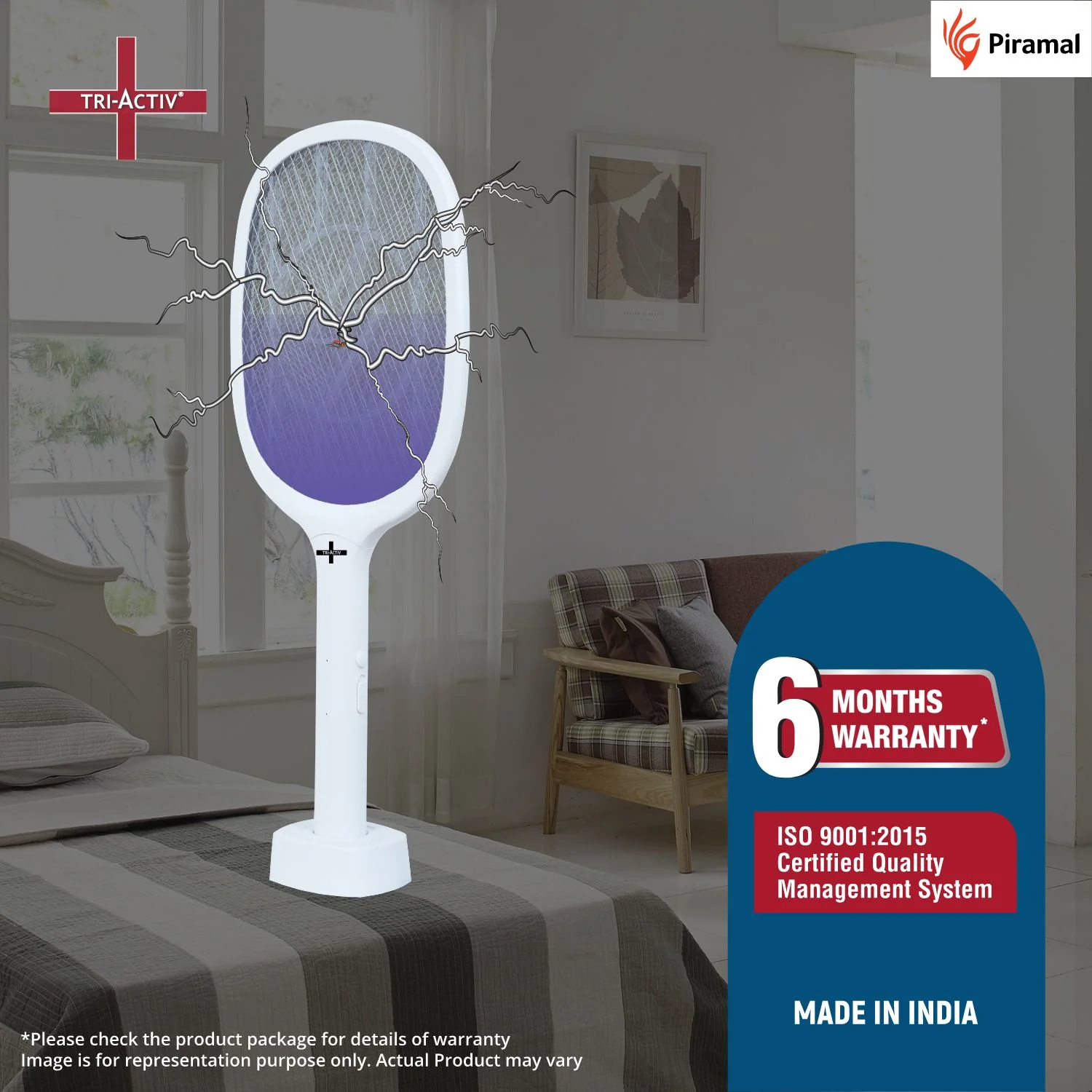 Tri-Activ Mosquito Racket 2-in-1 Dual Mode Rechargeable Bat,Zapper with Stand by Piramal I UV Light I Insect Killer & Fly Swatter I 1200 mAh Li-ion Battery,ISO Certified, 6 Month Warranty - Image 4