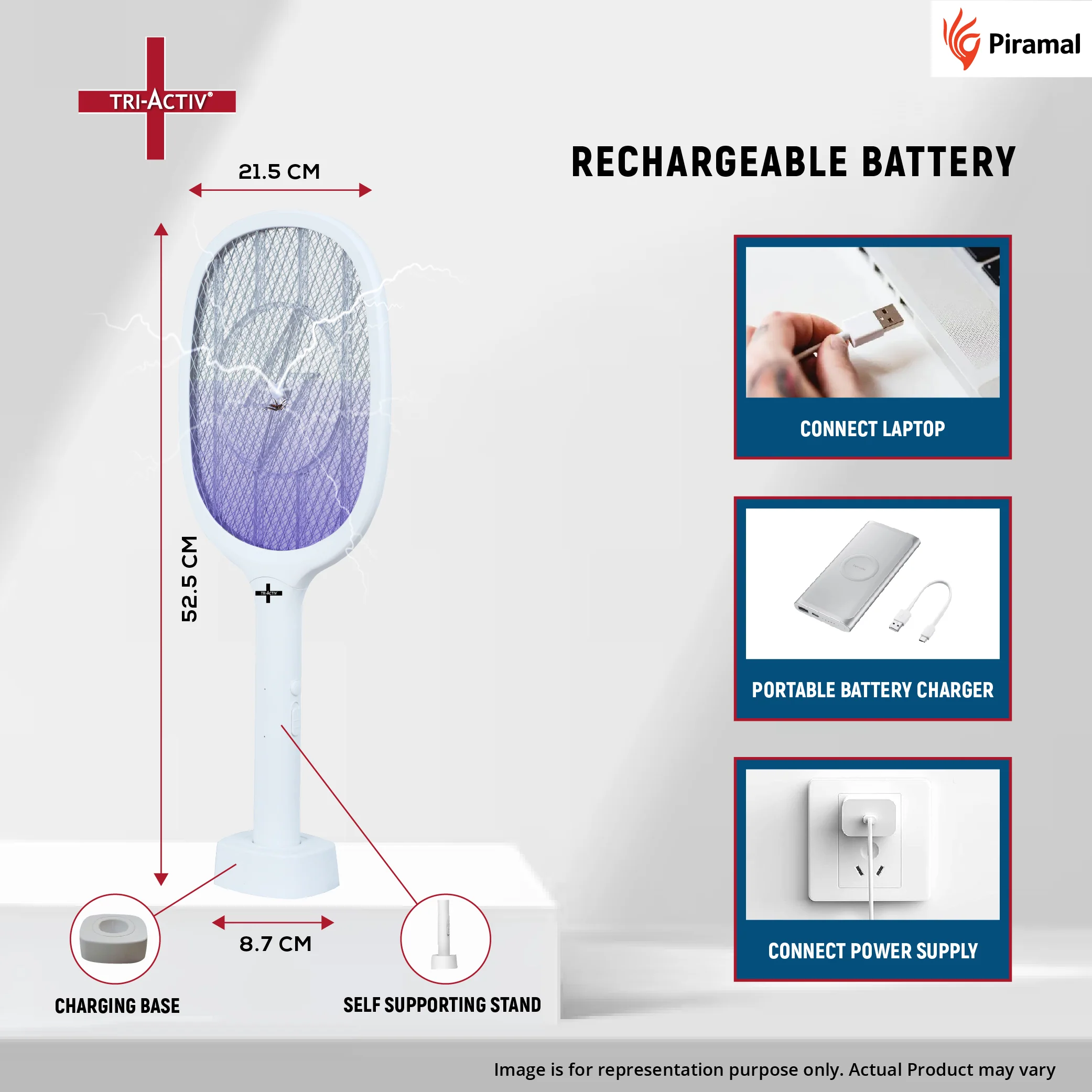 Tri-Activ Mosquito Racket 2-in-1 Dual Mode Rechargeable Bat,Zapper with Stand by Piramal I UV Light I Insect Killer & Fly Swatter I 1200 mAh Li-ion Battery,ISO Certified, 6 Month Warranty - Image 5