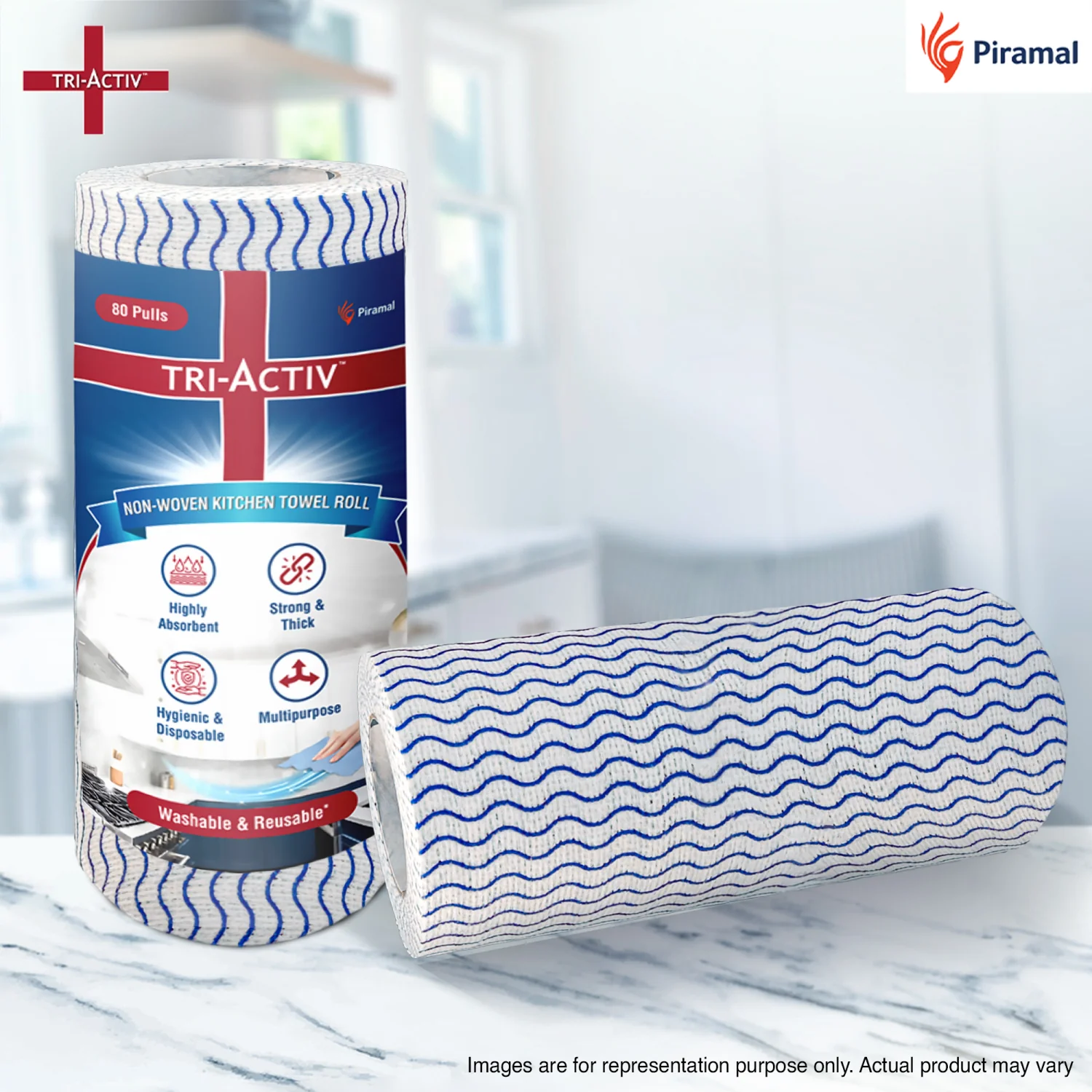 Tri-Activ Non-Woven Reusable Kitchen Towel Roll I 80 Pulls per Roll I Highly Absorbent Kitchen Tissue Roll I Non-Woven Fabric I Free from OBA I Blue - Image 2
