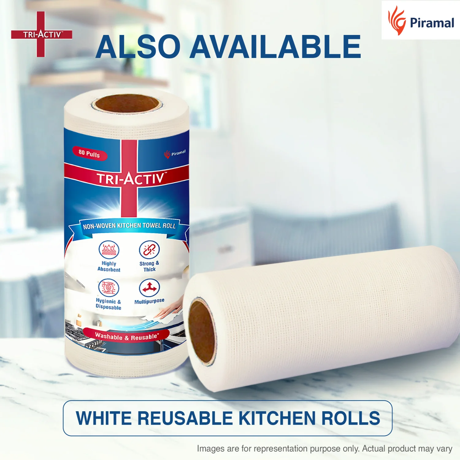 Tri-Activ Non-Woven Reusable Kitchen Towel Roll I 80 Pulls per Roll I Highly Absorbent Kitchen Tissue Roll I Non-Woven Fabric I Free from OBA I Blue - Image 9