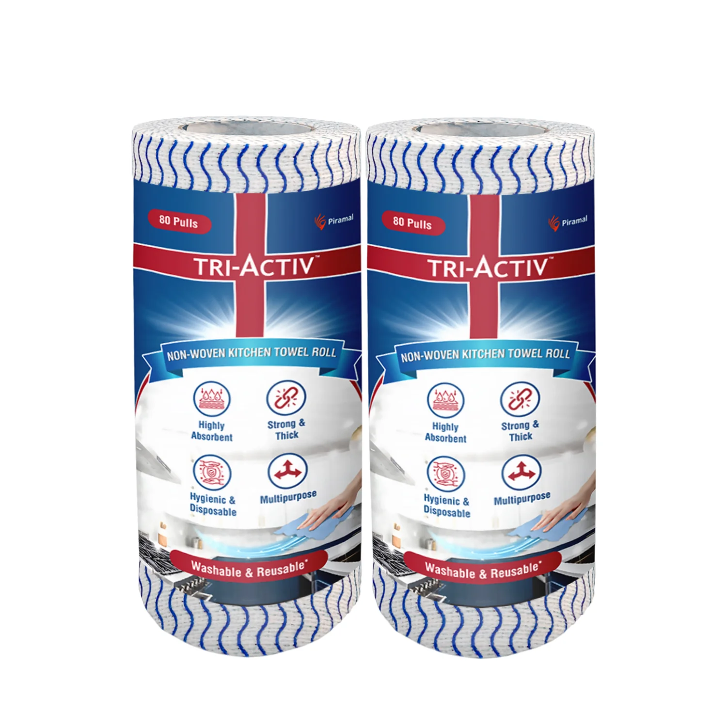 Tri-Activ Non-Woven Reusable Kitchen Towel Roll I 80 Pulls per Roll I Highly Absorbent Kitchen Tissue Roll I Non-Woven Fabric I Free from OBA I Blue