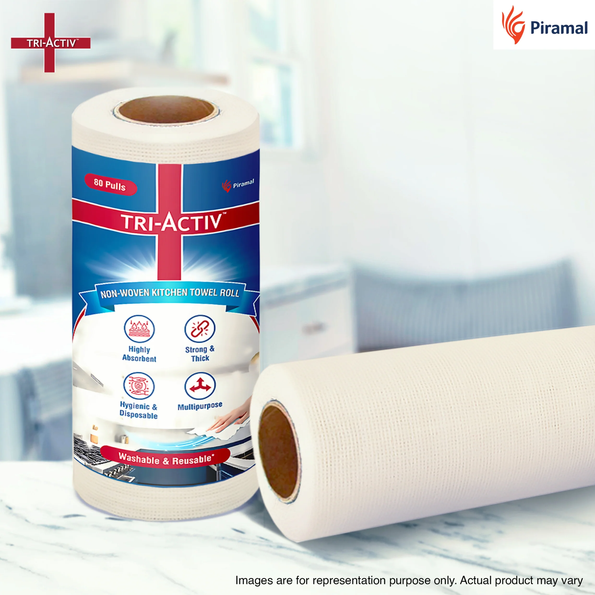 Tri-Activ Non-Woven Reusable Kitchen Towel Roll I 80 Pulls per Roll I Highly Absorbent Kitchen Tissue Roll I Non-Woven Fabric I Free from OBA I White - Image 2